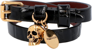 Leather bracelet with metal logo pendant and skull-1